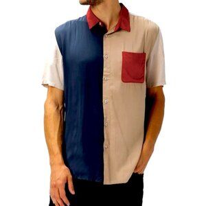 Nat Nast Luxury Originals 100% Silk Colour Block Short Sleeve Button Up Shirt-XL